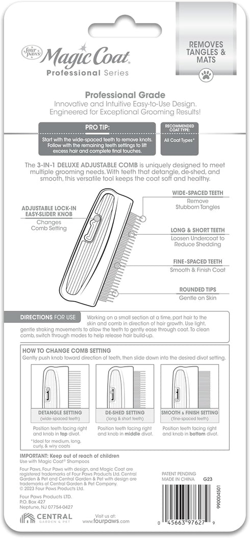 Four Paws Magic Coat 3-in-1 Deluxe Adjustable Dog Comb - Professional Grooming Supplies for All Coat Types