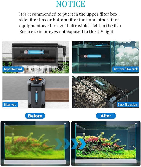 Aquarium Clean Light, 9W Submersible Light with Timer for Fish Tank, Waterproof Lamp for Sump Pool