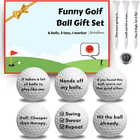 Funny Golf Ball Gift Set - Includes 6 Balls, 3 Tees, and 1 Marker for Men, Women, and Golfers