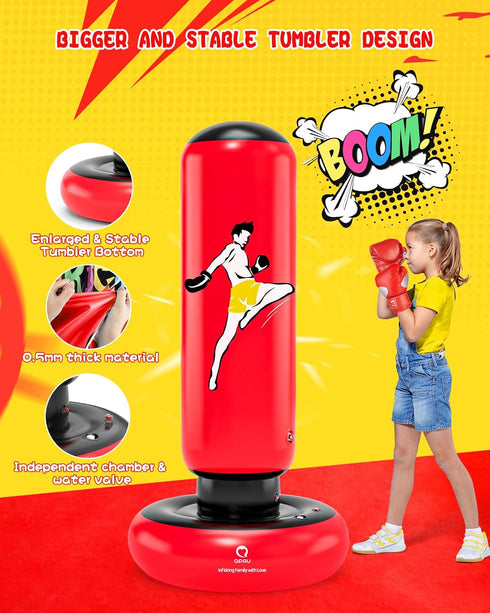 66 Inch Set, 6-12, MMA QPAU Kids Punching Bag Toy with Boxing Gloves, Larger Stable Kids Inflatable Boxing Bag Gifts