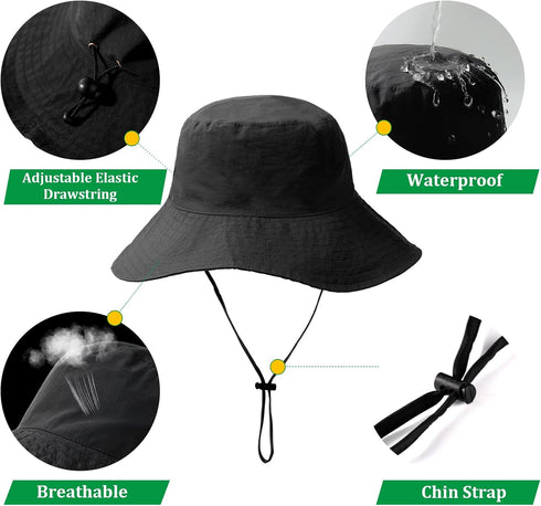 Waterproof Bucket Rain Hat for Men Women, Wide Brim Sun Protection Packable Boonie Hat for Outdoor Beach Fishing