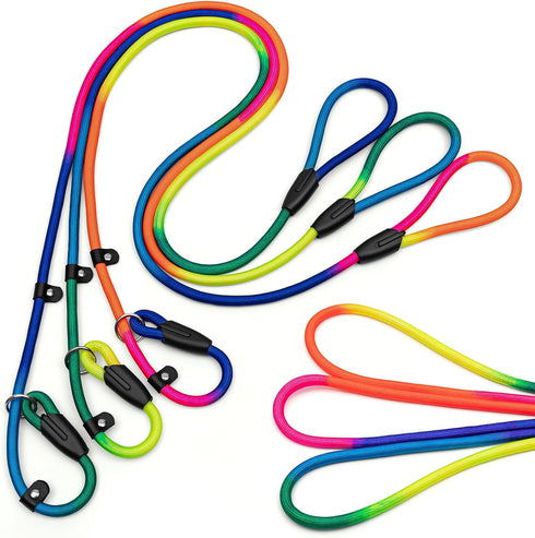3pcs Slip Lead Dog Leash: No Pull Pet Training Leash for Medium and Small Dogs, 5ft with Two Leather Stoppers (Rainbow)
