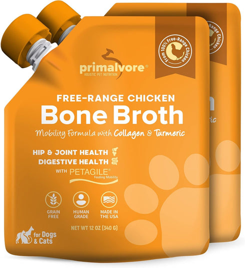 Primalvore Free-Range Bone Broth for Dogs & Cats, Mobility Formula with Collagen Peptides, 2 Pack, Made in USA
