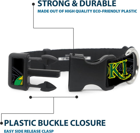 Dog Collar Plastic Clip Loki In Action, Black Gray Yellow Green, 11 to 17 Inches, 1.0 Inch Wide