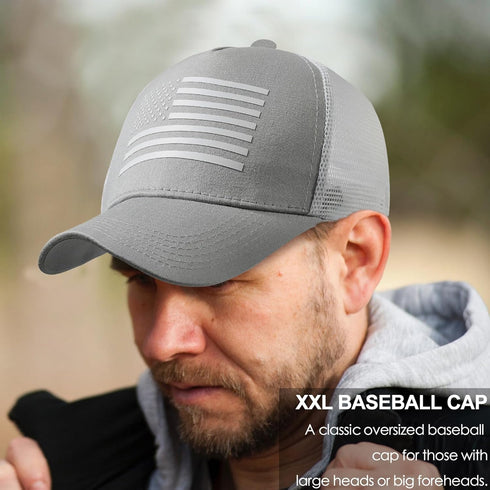 Oversize XXL American Flag Trucker Hat, Sport Snapback Hat, Large Size Breathable Mesh Baseball Cap for Men