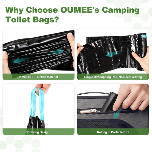 OUMEE 30 30 Set, 8 Portable Toilet Bags with Poo Gel Gallon Camping Toilet Bags with Absorbent Gels, Waste Bags