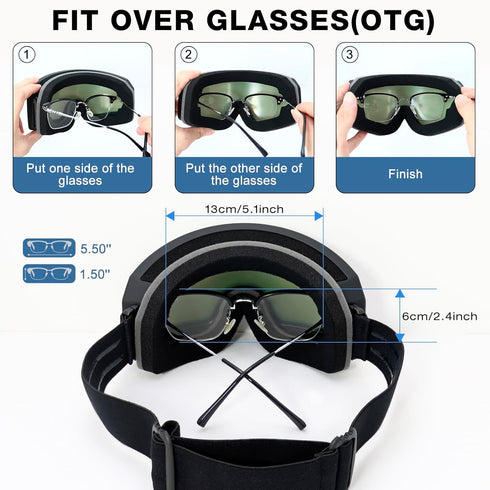 Ski Goggles OTG for Men Women, Anti-fog UV Protection Snowboard Goggles for Adult Youth