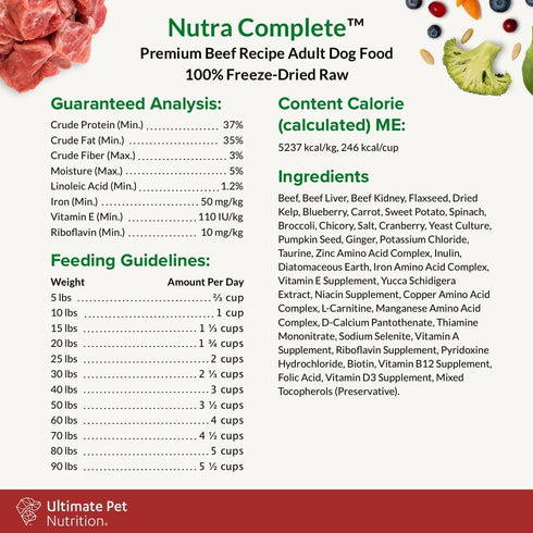 ULTIMATE PET NUTRITION Nutra Complete Raw Dog Food, 100% Freeze Dried, Beef, 1 Pound with Antioxidants