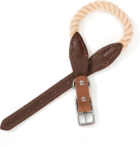 Mile High Life Rope Dog Collar, Durable Braided Cotton with Genuine Leather, Classic for Large Dogs