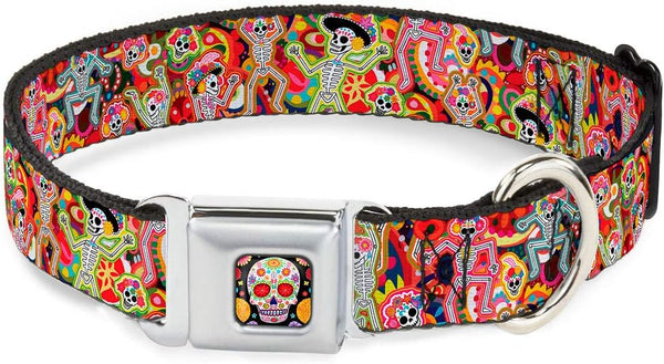 Dog Collar Seatbelt Buckle - Dancing Catrinas Collage Multi Color, 1.5 Inch Wide, 13 to 18 Inches
