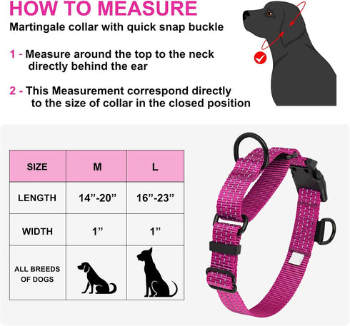 Martingale Dog Collars, Adjustable Reflective Nylon No Pull Choker Collar for Training Medium Large Dogs (M, Hot Pink)