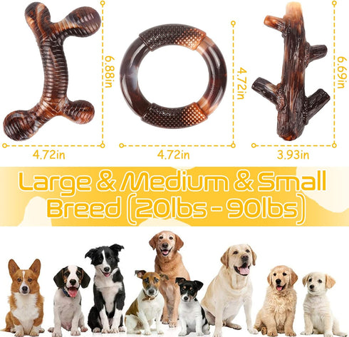 Dog Toys - 3 Pack Indestructible Chew Toys for Aggressive Chewers, Tough Nylon Bacon Flavor