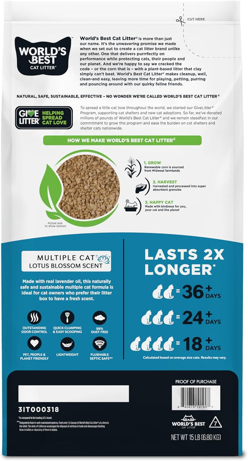 WORLD'S BEST CAT LITTER Multiple Cat Lotus Blossom Scented 15-Pounds - Natural Ingredients, Quick Clumping, Flushable, 99% Dust Free & Made in USA - Floral Fragrance & Long-Lasting Odor Control