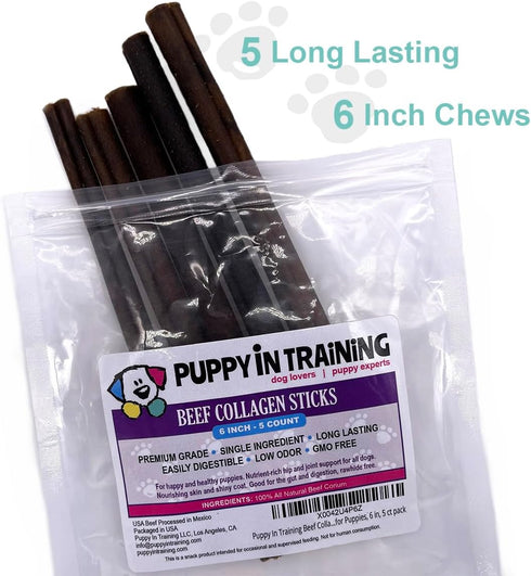 Beef Collagen Sticks for Dogs, Bully Stick and Rawhide Alternative, All Natural, Teething Chew for Puppies, Low Odor, 6 in, 5 ct pack