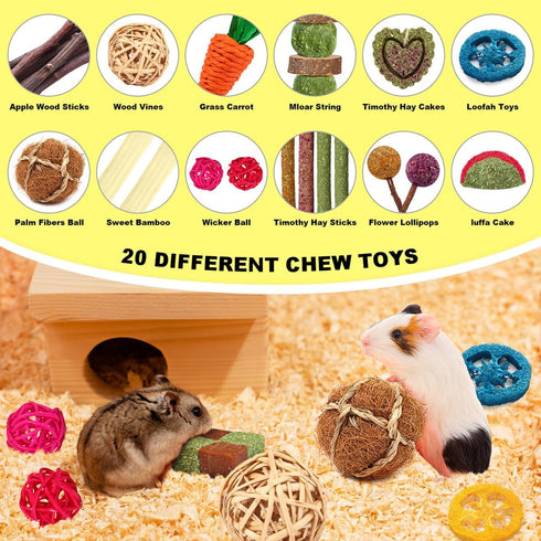 Rabbit Toys Bunny Chew Toys for Teeth, Natural Timothy Hay Sticks Treats and Apple Wood Sticks for Chinchilla and