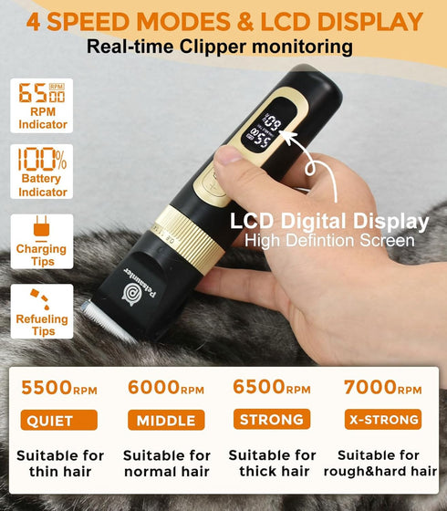 Dog Grooming Clippers Kit, Low Noise Electric Trimmer, 4-Speed & LCD, Cordless Rechargeable Hair Clippers for Thick