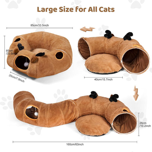 20 3-in-1 Cat Tunnel Bed with Pcs Interactive Toys, DIY Collapsible Plush Cat Tube with Washable Mat, Large Indoor Play