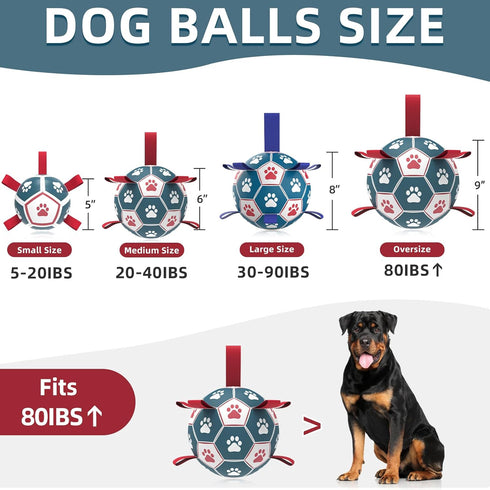 QDAN Extra Large Dog Toys, Soccer Ball with Straps, Interactive Tug of War Toy for Large Dogs - Blue & Red (9 Inch)