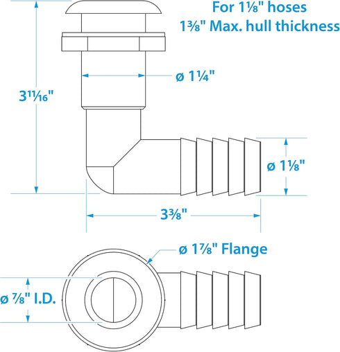 Seachoice 90-Degree Thru-Hull Connector, Fits 1-1/8 in. ID Hose, Max Hull 1-3/8 in., White