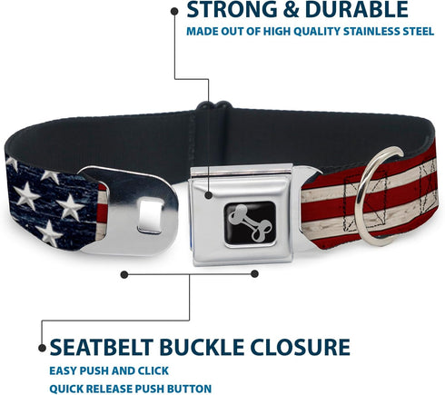 Buckle-Down Americana Rustic Stars & Stripes Seatbelt Buckle Dog Collar - 1" Wide, Fits 15-26" Neck