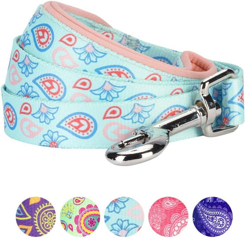 Blueberry Pet Paisley Flower Print Dog Leash, 5 Colors, Soft & Comfortable Handle, 4 ft x 1", Pastel Blue, Large