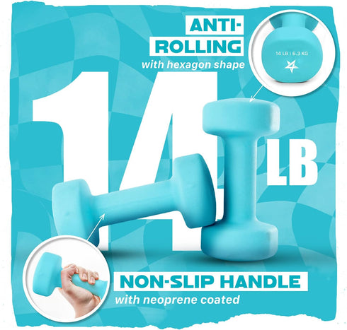 Yes4All Neoprene Coated Dumbbell Hand Weight Sets of 2 - Multiple Weight Options, 15 Colors, Anti-roll, Anti-Slip.
