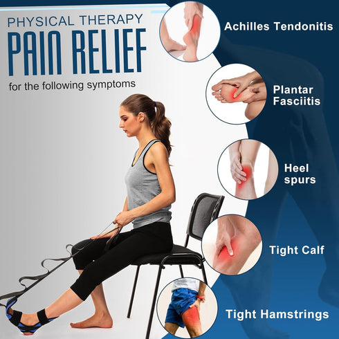 Foot and Calf Stretcher for Plantar Fasciitis, Blue Yoga Stretching Strap for Achilles Tendonitis, Heel Spurs, Drop Foot