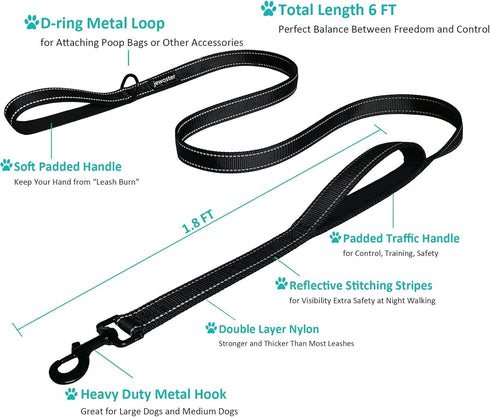 Dog Leash Heavy Duty with 2 Handles, Padded Traffic Handle for Extra Control, 6ft Long - Black Blue