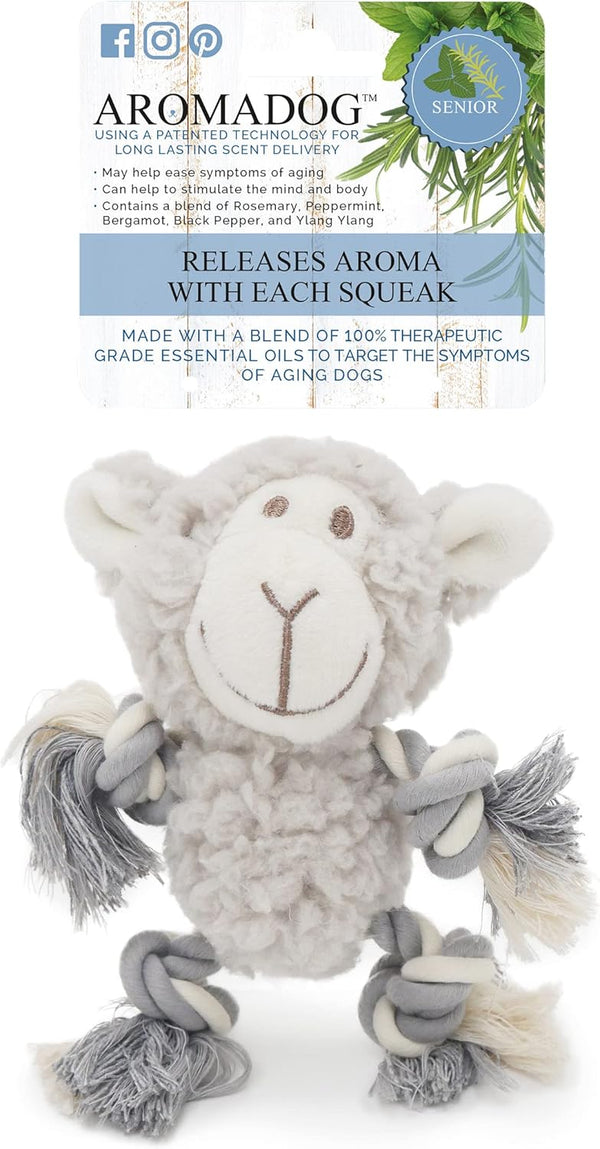 Senior Mini Fleece Dog Toy - Calming Lavender with Rope Arms/Legs, Grey, 15cm x 15cm for Senior Dogs