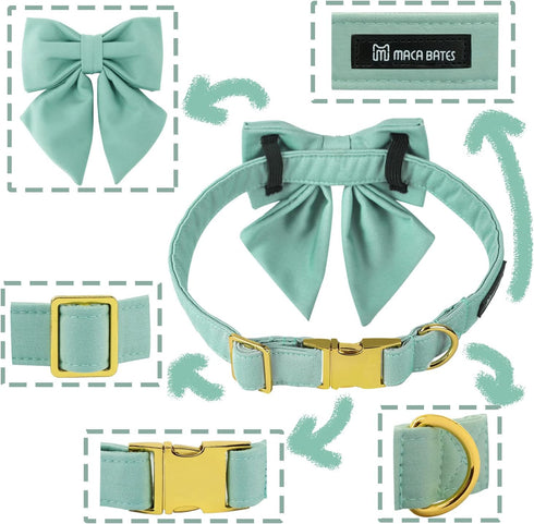 Maca Bates Dog Collar with Bow Bowtie for Dogs, Adjustable Breakaway Green Collars