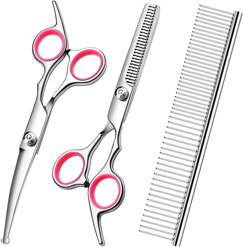 Dog Grooming Scissors with Safety Round Tips, Stainless Steel Professional Kit, Thinning, Curved Scissors, Comb