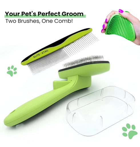ELITE ETAIL Self Cleaning Pet Hair Brush with Comb and Bath Brush, Grooming Kit for Dogs and Cats, 7 in Long
