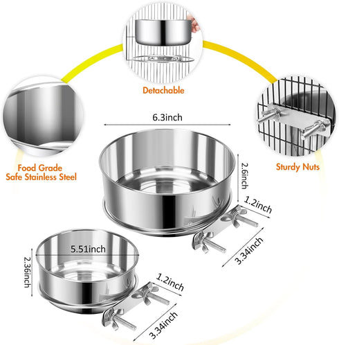 Dog Kennel Food and Water Bowls, 2 Pack Hanging Metal Dog Bowls No Spill, Stainless Steel Dog Dish for Small & Medium Dogs (6.3 * 2.6” & 5.5 * 2.4”)