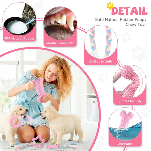 BAEJMJK 6 Pack Puppy Teething Toys, Pink Small Breed Chew Toys with Rope, Soft Rubber Set