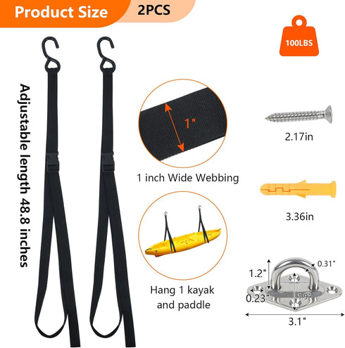 Kayak Storage Strap System with Adjustable Wall Mount Straps for 1 or 2 Kayaks