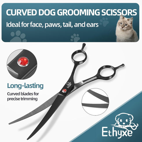 7.0" 3-Piece Set Professional Dog Grooming Scissors Kit with Straight, Curved & Thinning Shears, Black Japanese