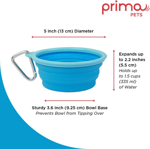 Prima Pet Expandable Collapsible Silicone Food & Water Travel Bowl with Clip for Small & Medium Dogs, AQUA