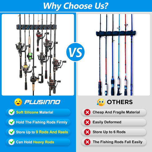 PLUSINNO 2 Pack Vertical Fishing Rod Rack - Wall Mounted Holders for 18 Rods