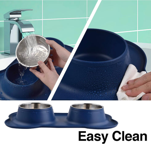 Dog Bowls 2 Stainless Steel Bowls for Pet Food and Water Feeder with Non Spill Skid Resistant Silicone Mat