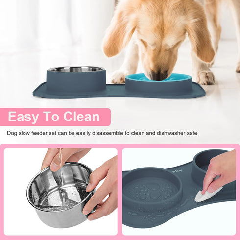 Slow Feeder Dog Bowls 3 in 1 - Stainless Steel Food and Water Bowls with Non-Spill Silicone Mat for Dogs and Cats