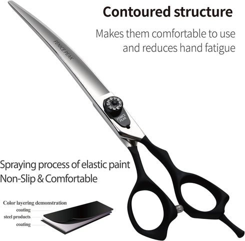 Fenice Peak 7.5'' Professional Curved Dog Grooming Scissors, Heavy Anti-Slip Black Handler, 440C Stainless Steel