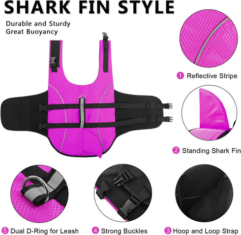 Ripstop Dog Life Jacket Shark Life Vest for Dogs, Safety Lifesaver with High Buoyancy for Small and Medium Breeds (Rose