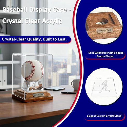 SXDSXK Baseball Display Case, Baseball Display Stand with LED Lights , Wooden Stand and a Bronze Medal,Cube Baseball