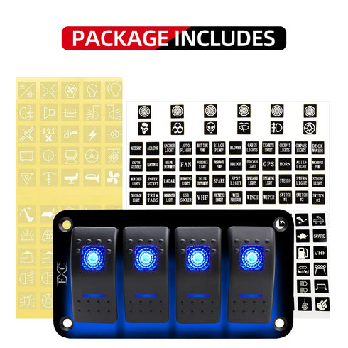 FXC Rocker Switch Aluminum Panel, 4 Gang Toggle Switches Dash, 5 Pin ON/Off, 2 LED Backlit for Boat Car Marine Blue