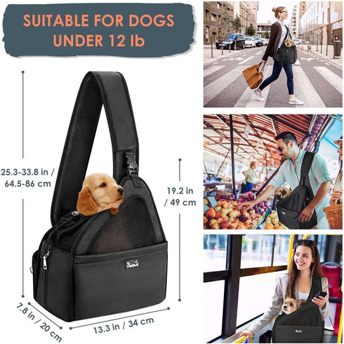 SlowTon Dog Sling Carrier, Hands-Free Papoose for Small Animals Up to 12 lbs, Adjustable Padded Strap, Machine Washable