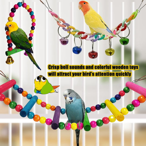 Parakeet Toys, 7 Pcs Colorful Bird Toys for Pet Bird Cage, Hammock, Swing, Chewing Toy, Mirror, Perch