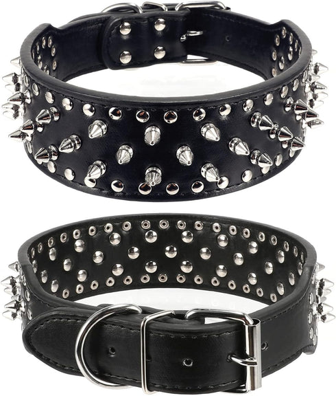 Hoot PU Leather Adjustable Spiked Studded Dog Collar 2" Wide 43 Spikes (L(Neck 21"-24"), Black)