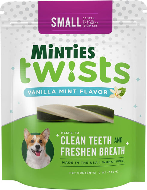 Minties Dental Twists for Dogs, Vet-Recommended Vanilla-Flavored Dental Chews for Tiny/Small Dogs, 12oz