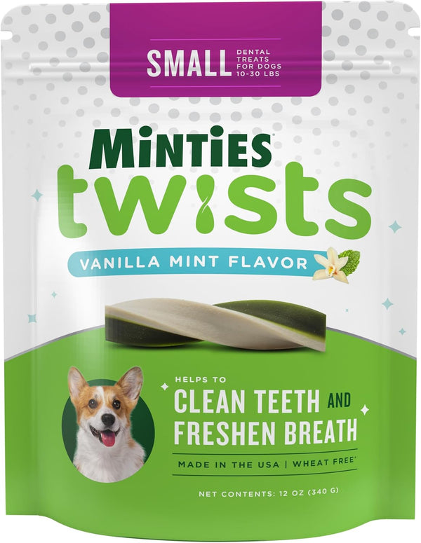 Minties Dental Twists for Dogs, Vet-Recommended Vanilla-Flavored Dental Chews for Tiny/Small Dogs, 12oz