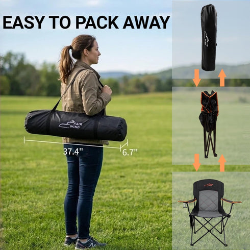 350 LBS FAIR WIND Oversized Fully Padded Camping Chair, Heavy Duty Quad Fold Chair Arm Chair Support with Cup Holder